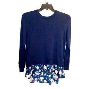 Time And Tru Women's Split Back 2fer Mixed Media Blue Sweater Floral Top Sz S